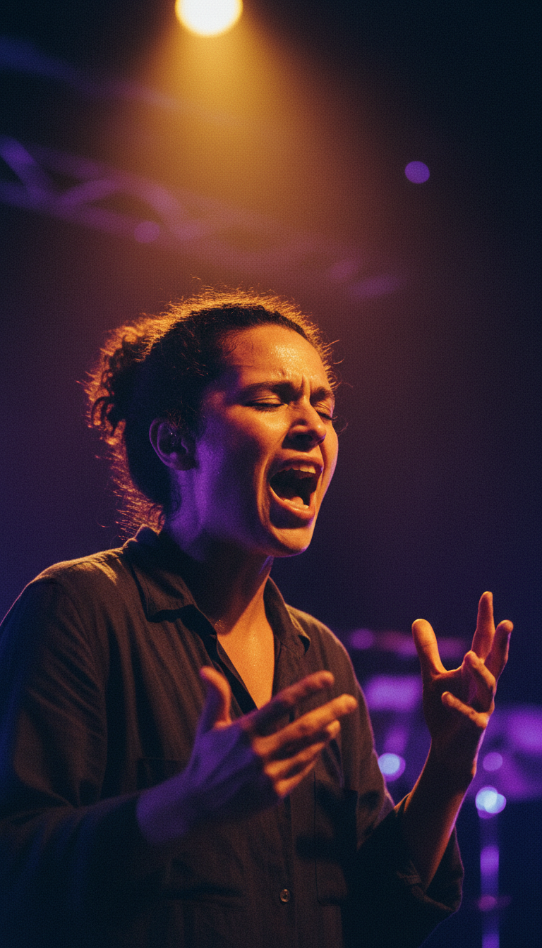 Your testimony can take many forms, from spoken word to music through our record label. A passionate spoken word artist performing at a microphone in a bright professional studio setting.