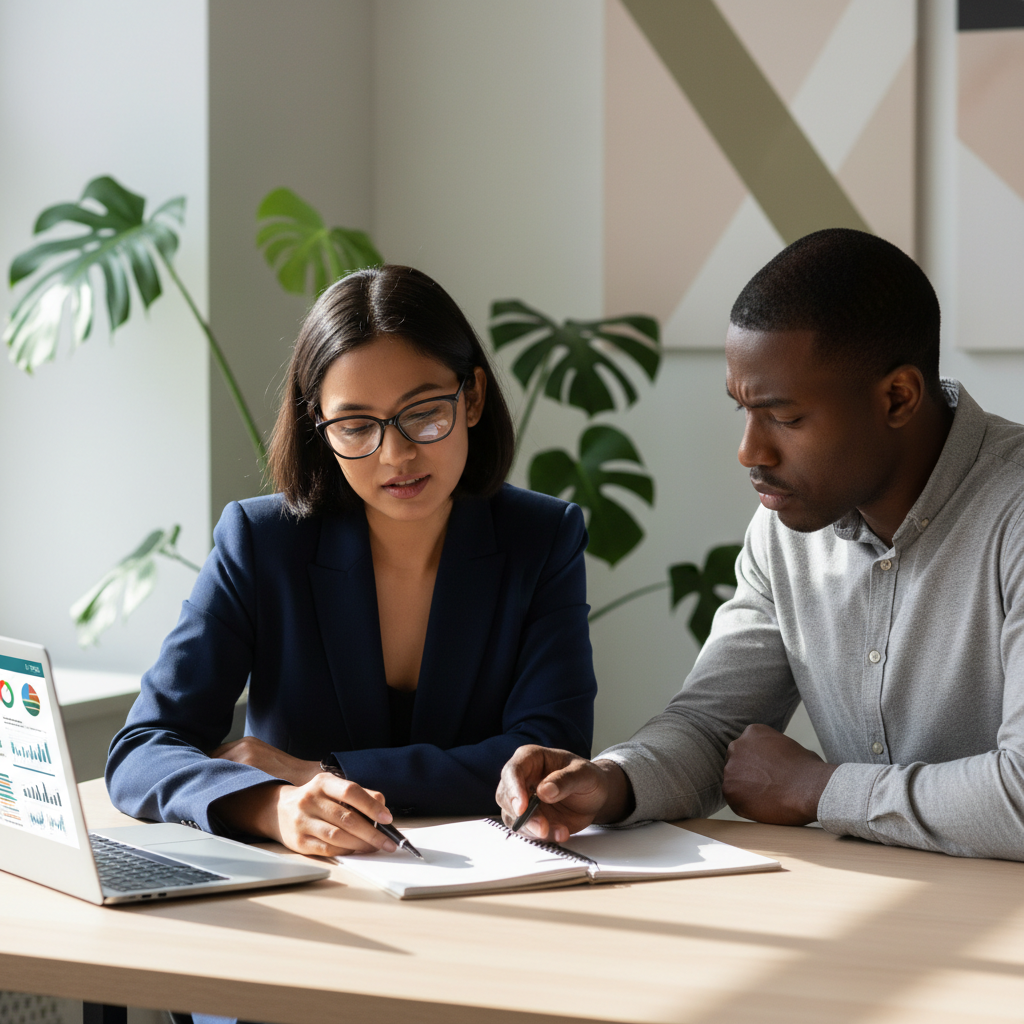 Career coach and professional review career transition documents during one-on-one consulting session in modern office setting