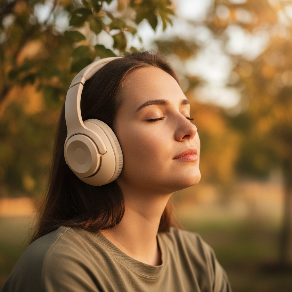 Person wearing headphones in natural setting with peaceful, contemplative expression during golden hour sunlight
