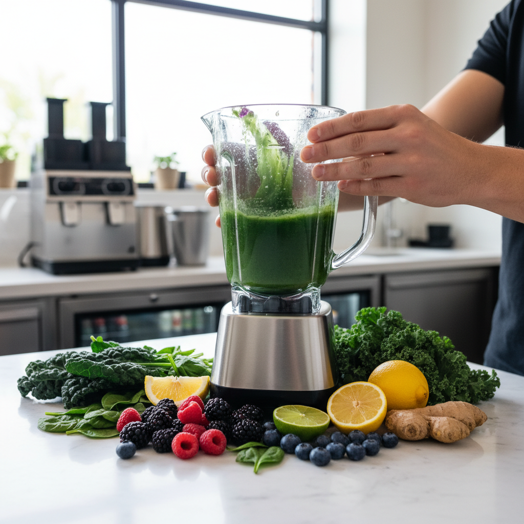 Concentrated superfood blends provide the enzymes and phytonutrients your digestive tract needs to thrive. Vibrant green liquid smoothie with seeds being poured into a clear glass jar on a wooden counter.