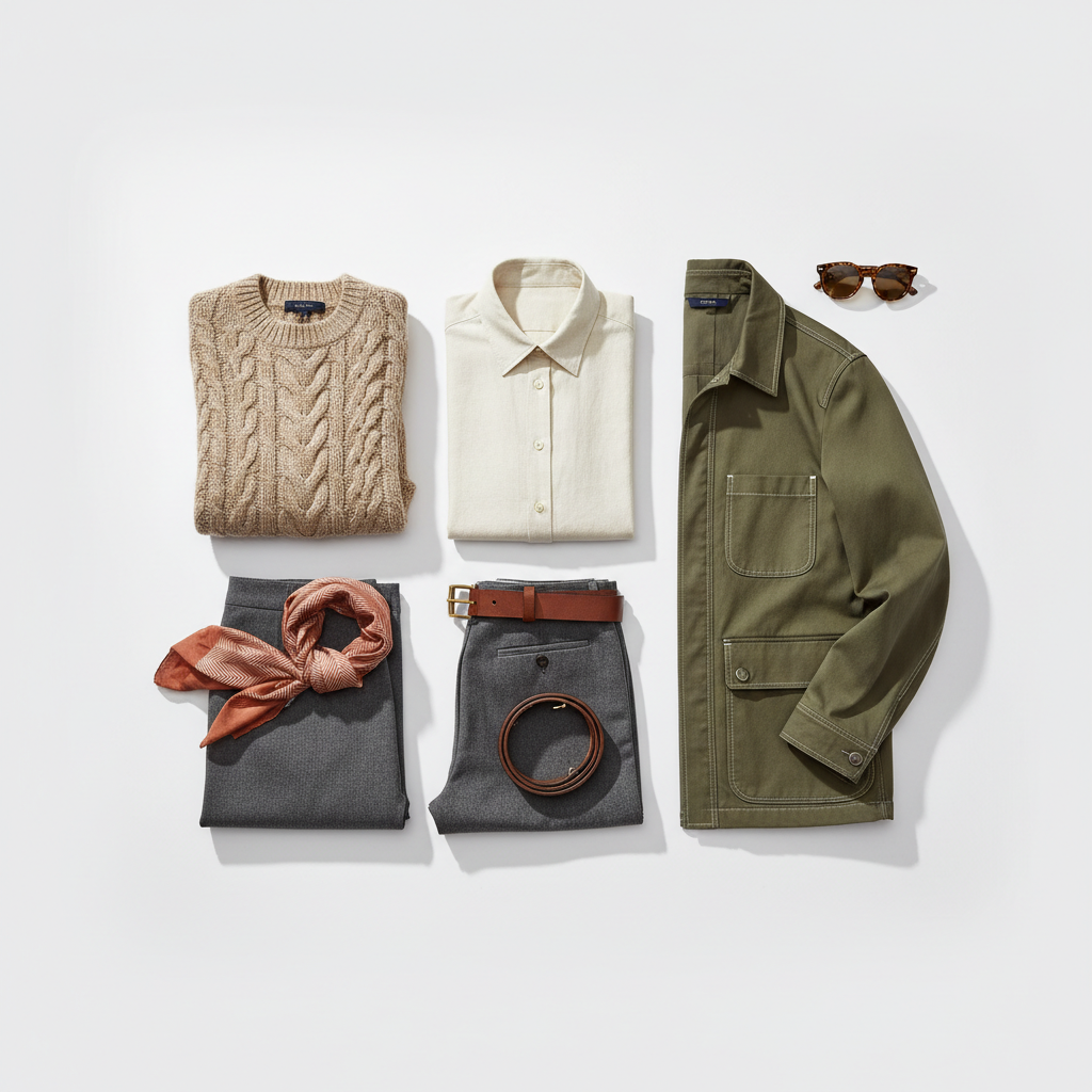 Overhead flat-lay of carefully arranged curated clothing pieces showing textures, colors, and outfit coordination possibilities