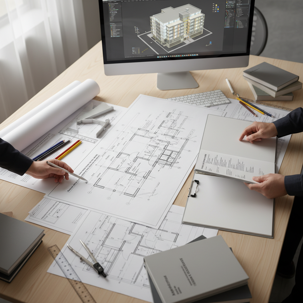 Architect's desk with technical drawings, blueprints, and CAD design tools showing building plans and specifications