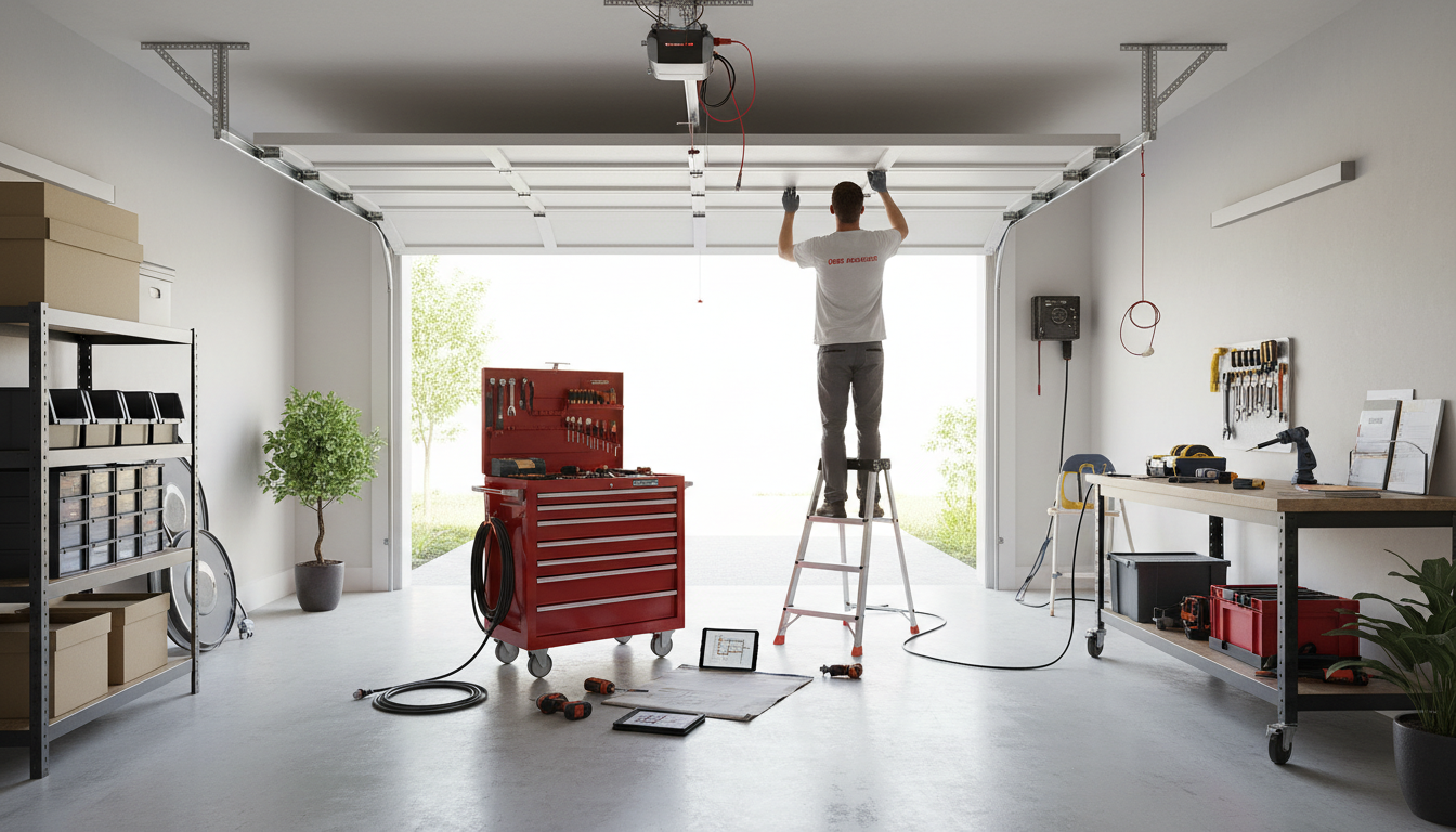 Technician installing automated garage door motor system in bright residential garage interior Technician installing automated garage door motor system in bright residential garage interior