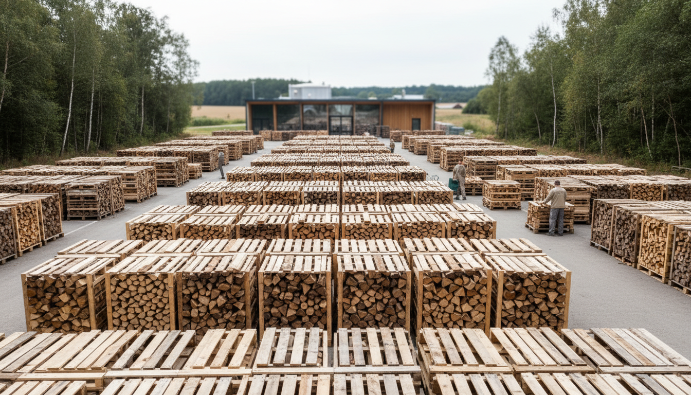 Wide view of professional firewood storage facility with organized pallets, multiple stacks of heating wood, and workers managing inventory in natural daylight