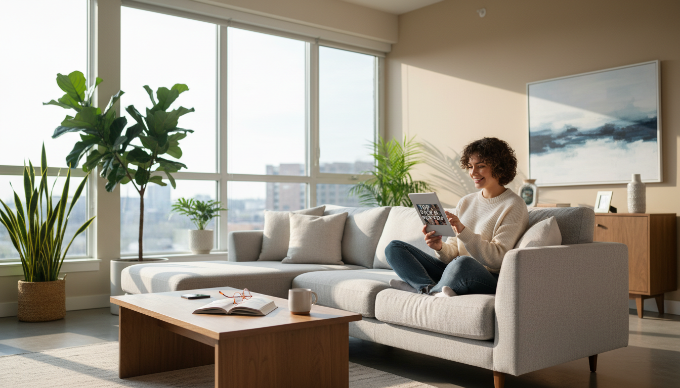 Person relaxing on modern sofa in bright apartment, smiling while browsing dating app recommendations on tablet with natural window light Person relaxing on modern sofa in bright apartment, smiling while browsing dating app recommendations on tablet with natural window light
