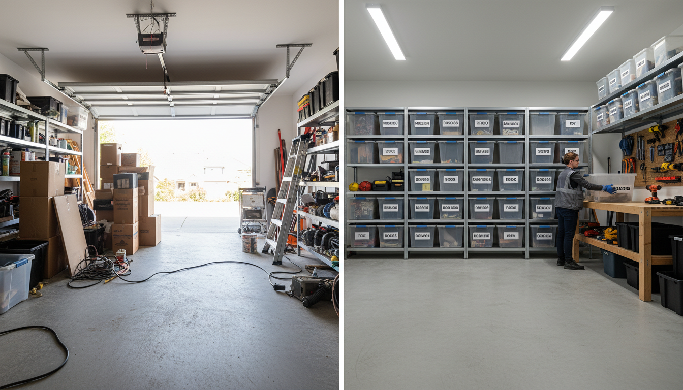 Before-and-after garage transformation showing cluttered space on left and organized, clean space on right with professional workers.