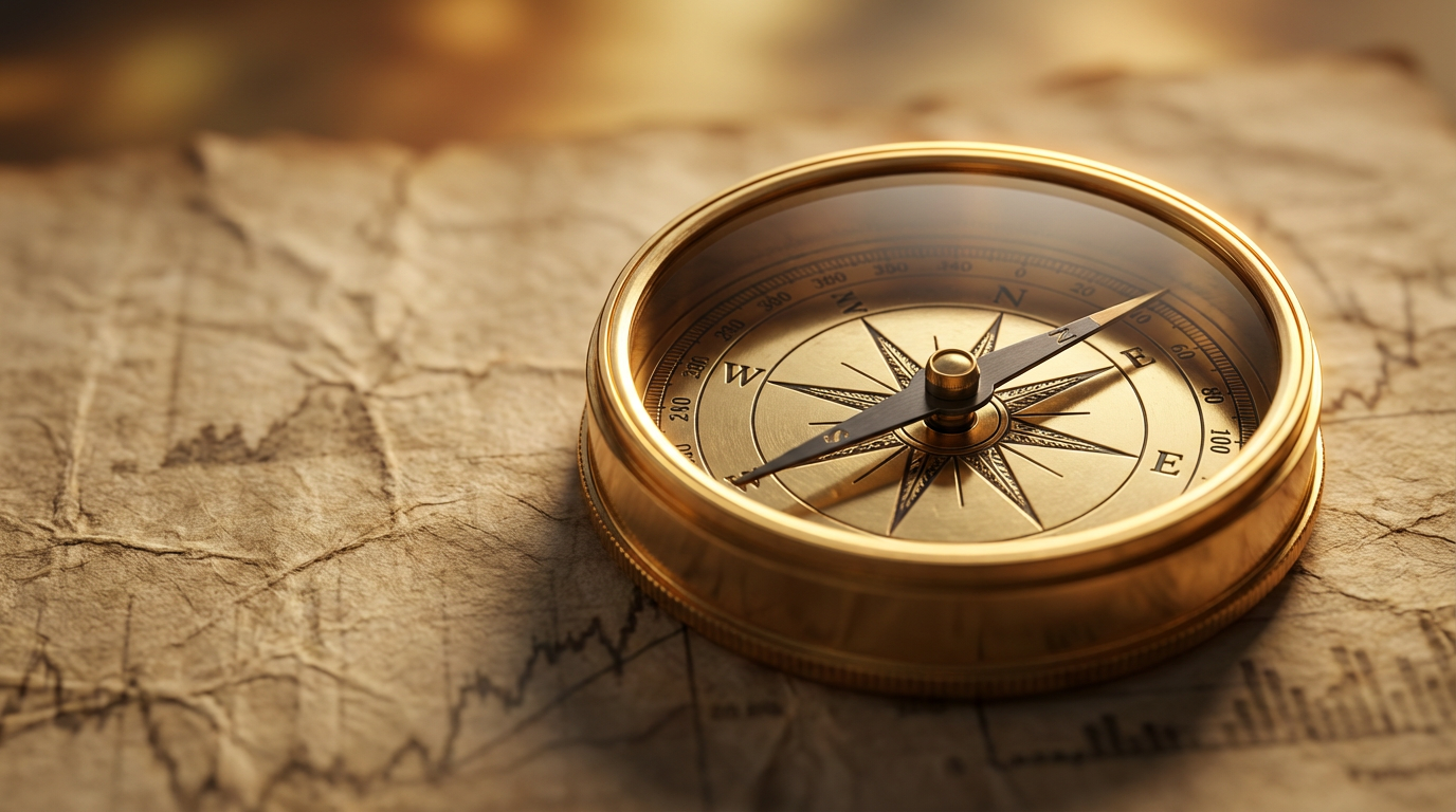 Our proprietary research acts as a compass to navigate the complexities of global equity markets. A compass needle pointing sharply in one direction with blurred financial charts in the background.