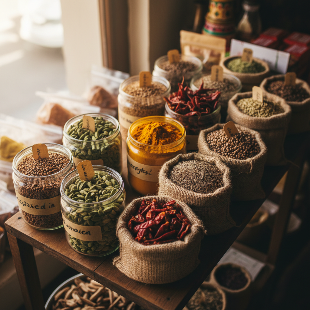 Overhead view of traditional spices in glass jars displayed on wooden shelf with warm natural lighting Overhead view of traditional spices in glass jars displayed on wooden shelf with warm natural lighting