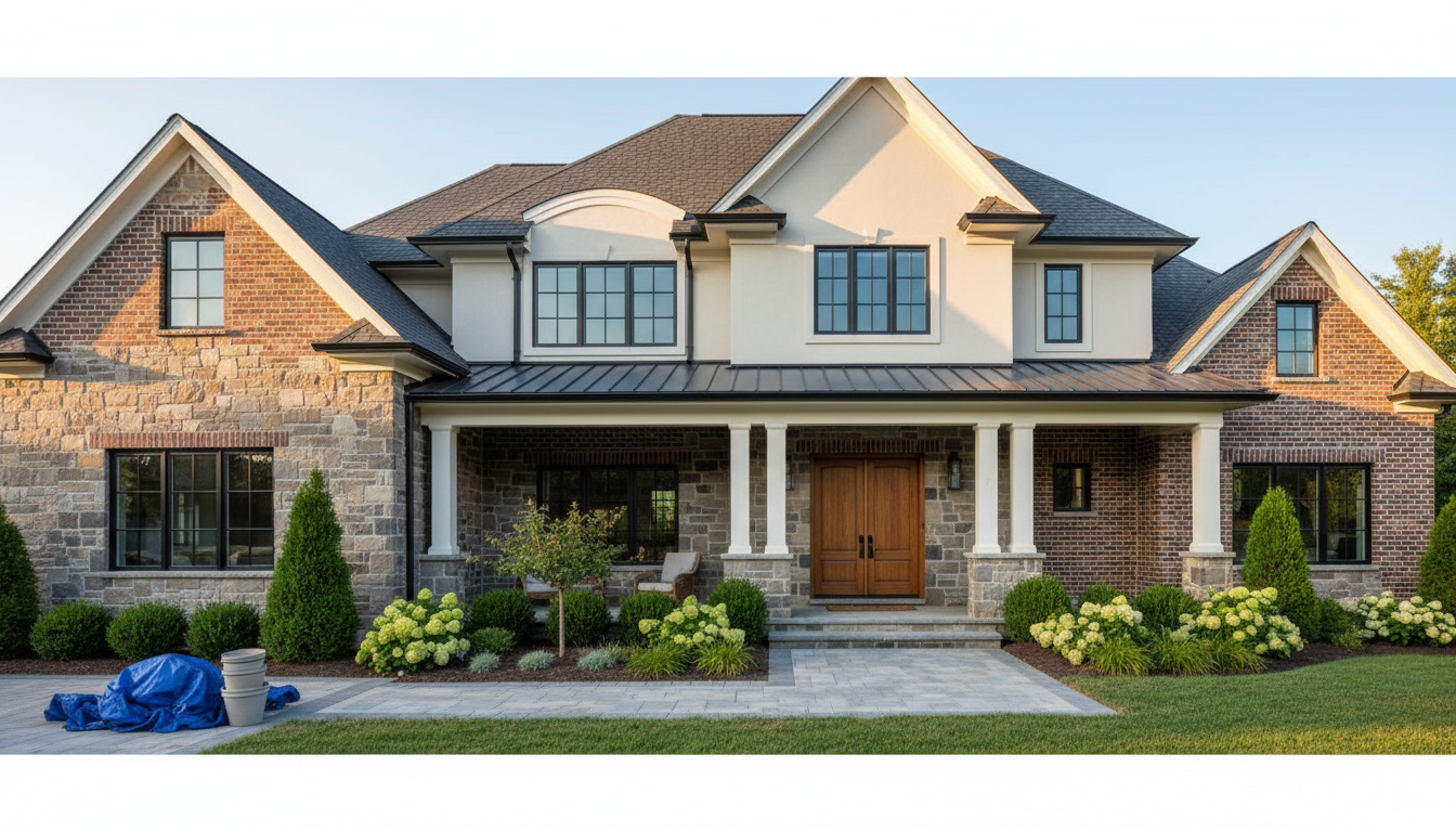 Completed residential home exterior renovation showing new brick, roofing, windows, porch, and landscaping in golden light Completed residential home exterior renovation showing new brick, roofing, windows, porch, and landscaping in golden light