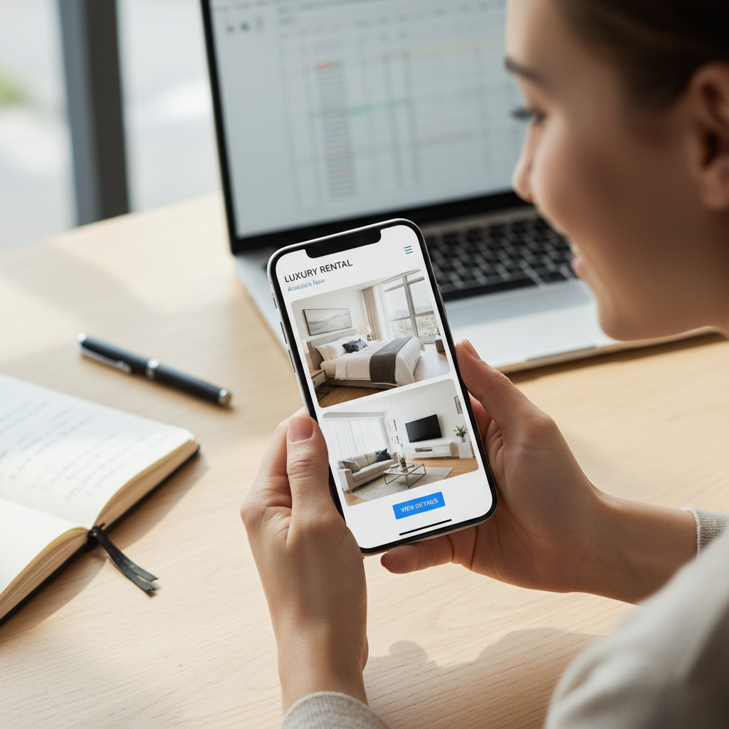Property owner holding smartphone showing rental listing interface with property photos on screen at workspace