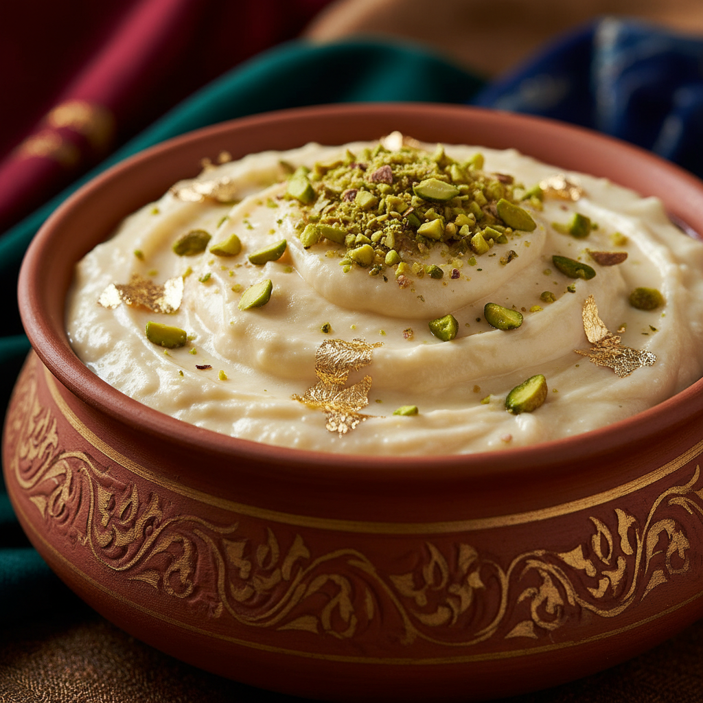 Creamy cardamom kheer dessert garnished with gold leaf and pistachios in ornate ceramic bowl Creamy cardamom kheer dessert garnished with gold leaf and pistachios in ornate ceramic bowl