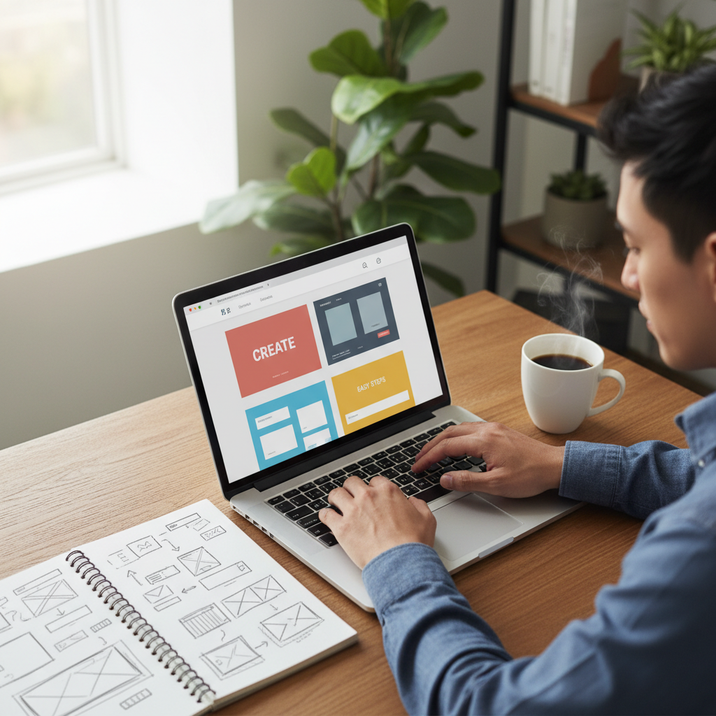 Entrepreneur's hands typing on laptop with colorful website builder interface displayed on screen in bright home office Entrepreneur's hands typing on laptop with colorful website builder interface displayed on screen in bright home office