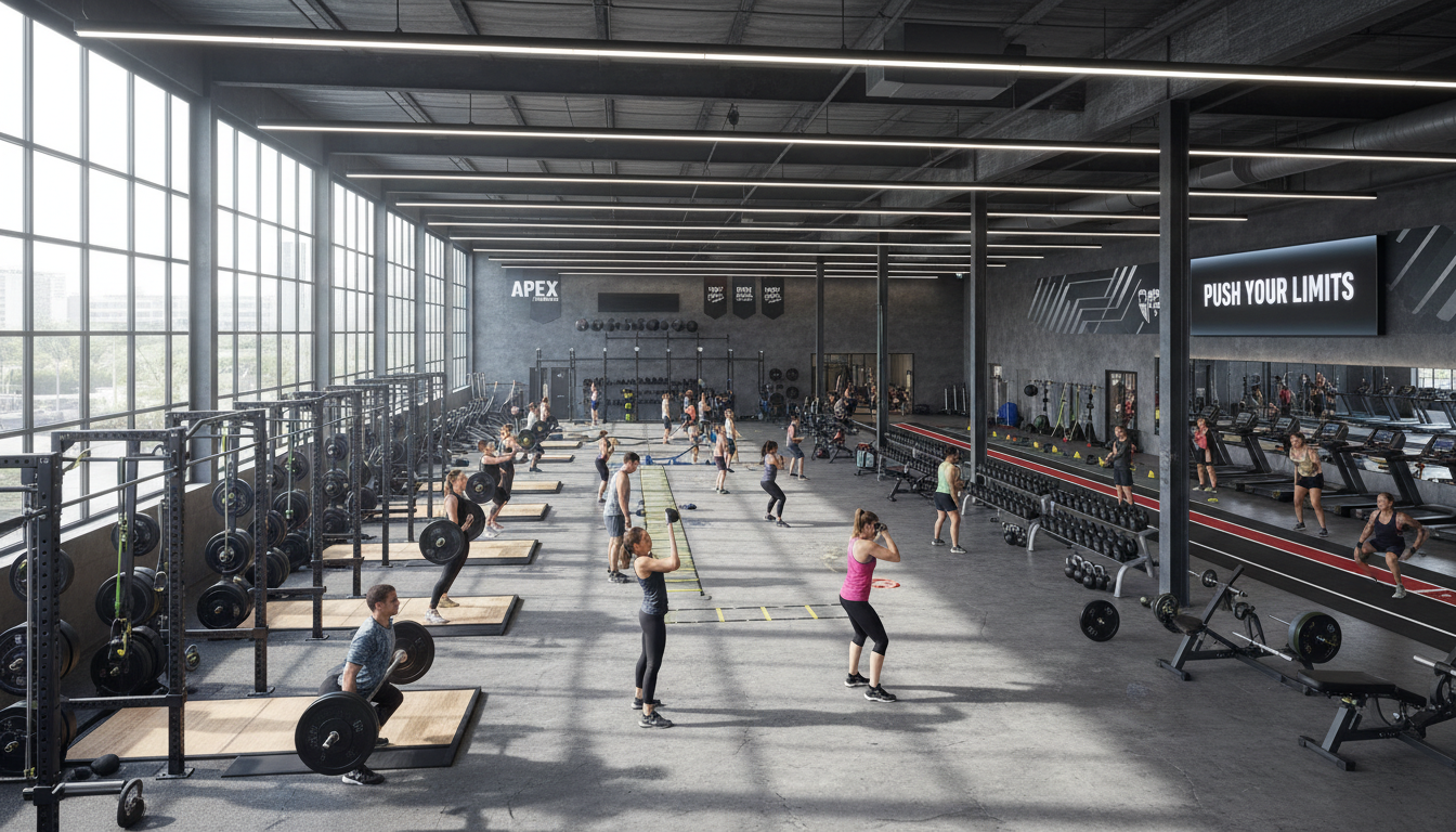 Wide view of modern athletic training facility with diverse athletes training intensely across multiple conditioning and strength zones