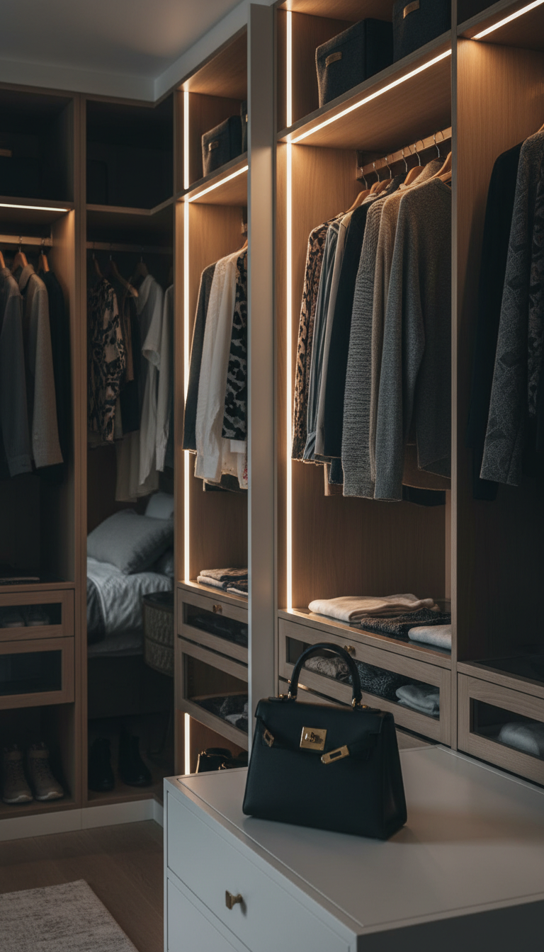 Custom floor-to-ceiling wardrobe with premium oak cabinetry, soft-close drawers, integrated lighting, and organized designer accessories Custom floor-to-ceiling wardrobe with premium oak cabinetry, soft-close drawers, integrated lighting, and organized designer accessories