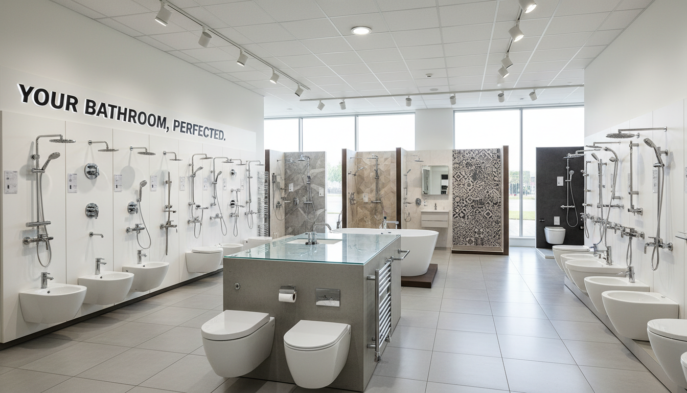 Modern plumbing fixtures showroom displaying extensive selection of mixers, showerheads, toilets, and bathroom accessories on organized displays