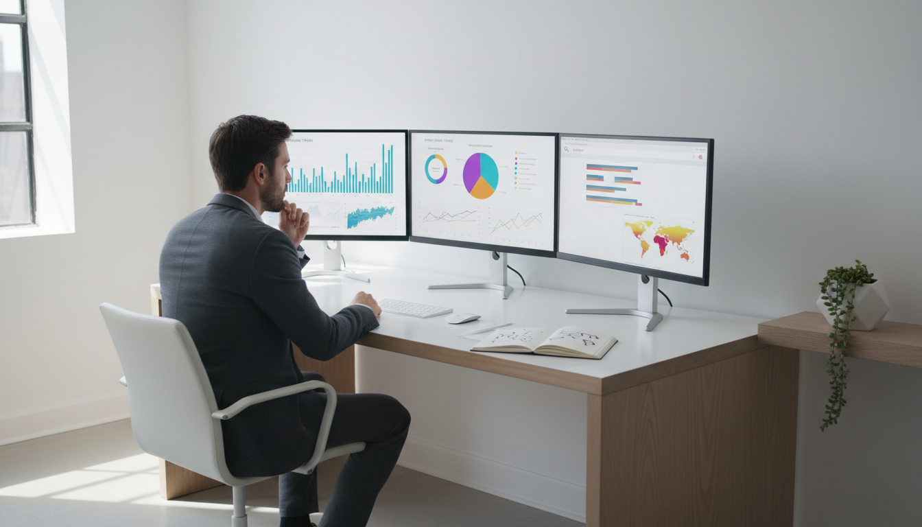 Using structured thinking helps separate realistic career risks from general AI anxiety. A professional analyzing complex data on a digital screen, representing the audit and amplify stages of career strategy.