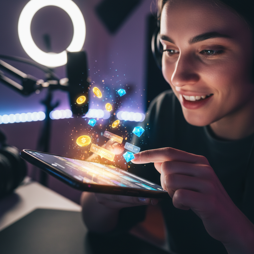 Content creator's hands holding smartphone with glowing gifting interface, surrounded by colorful studio lighting in home streaming setup