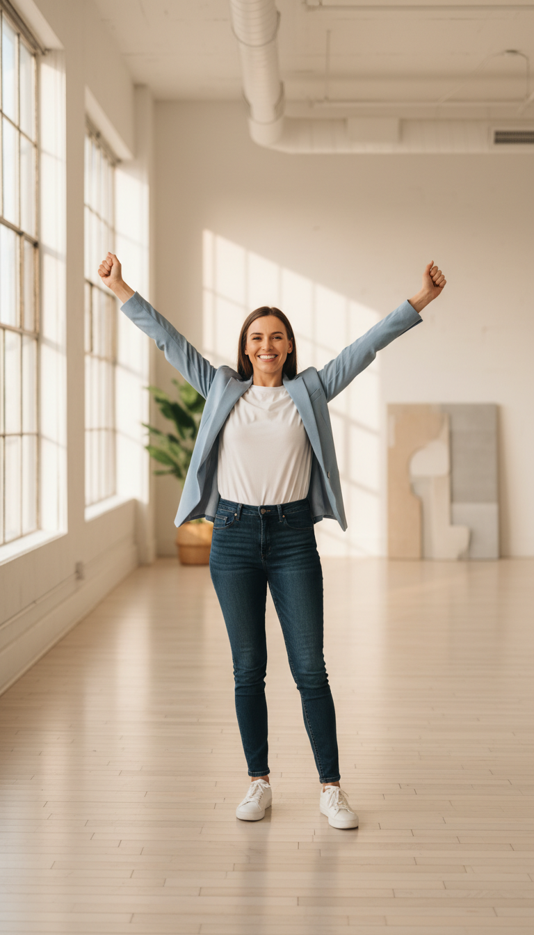 Person standing confidently with open posture and joyful expression in bright, open interior space Person standing confidently with open posture and joyful expression in bright, open interior space