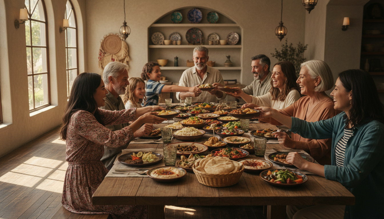 Multi-generational family enjoying shared Middle Eastern meal at wooden table with natural window lighting