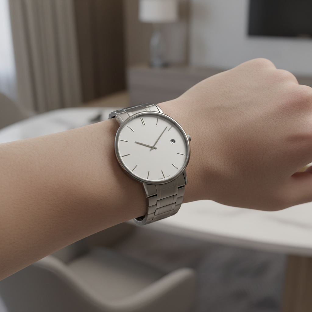 Contemporary minimalist watch on young adult's wrist with natural light highlighting sleek metal band and dial design