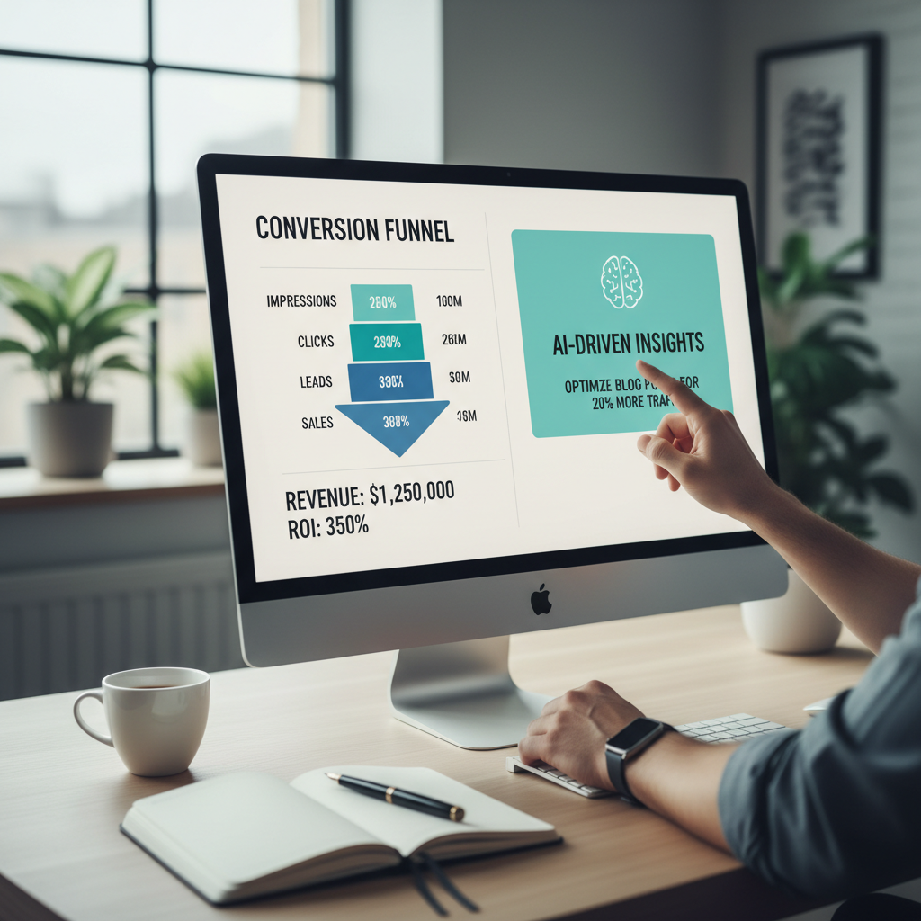 Marketing professional pointing at analytics dashboard on monitor, analyzing conversion metrics and performance data Marketing professional pointing at analytics dashboard on monitor, analyzing conversion metrics and performance data