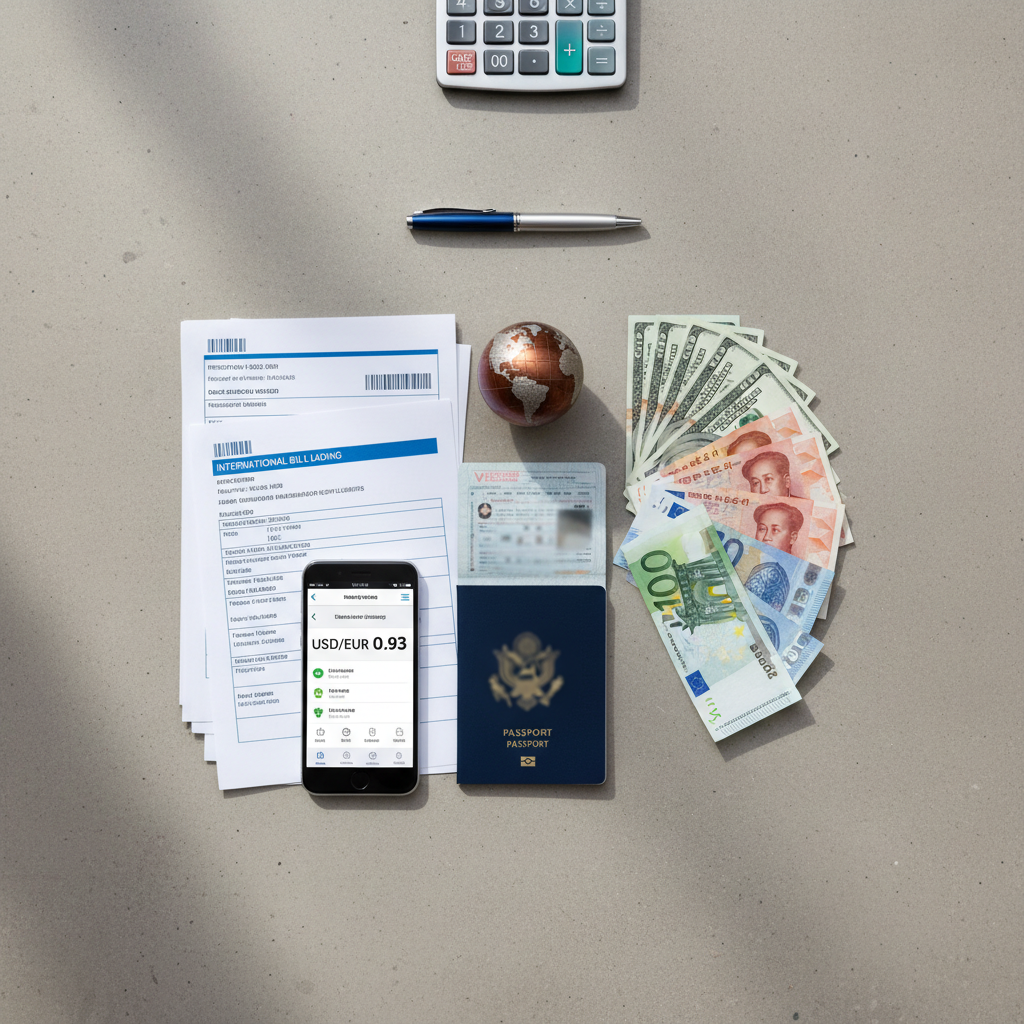 Overhead arrangement of international currencies, passport, shipping documents, smartphone showing exchange rates, and globe on concrete surface Overhead arrangement of international currencies, passport, shipping documents, smartphone showing exchange rates, and globe on concrete surface