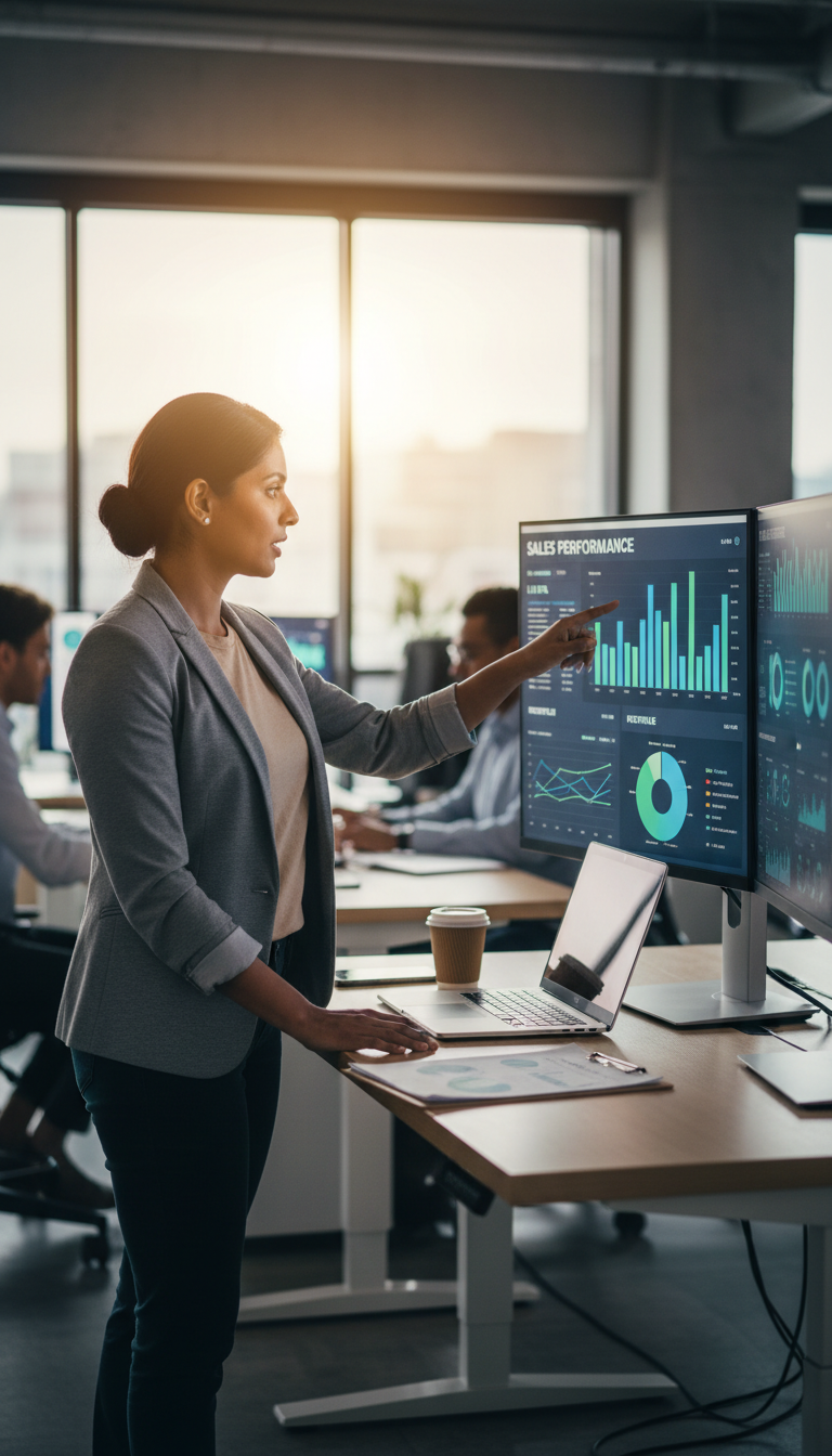 Club operations manager reviewing live sales dashboard on multiple monitors in modern office workspace