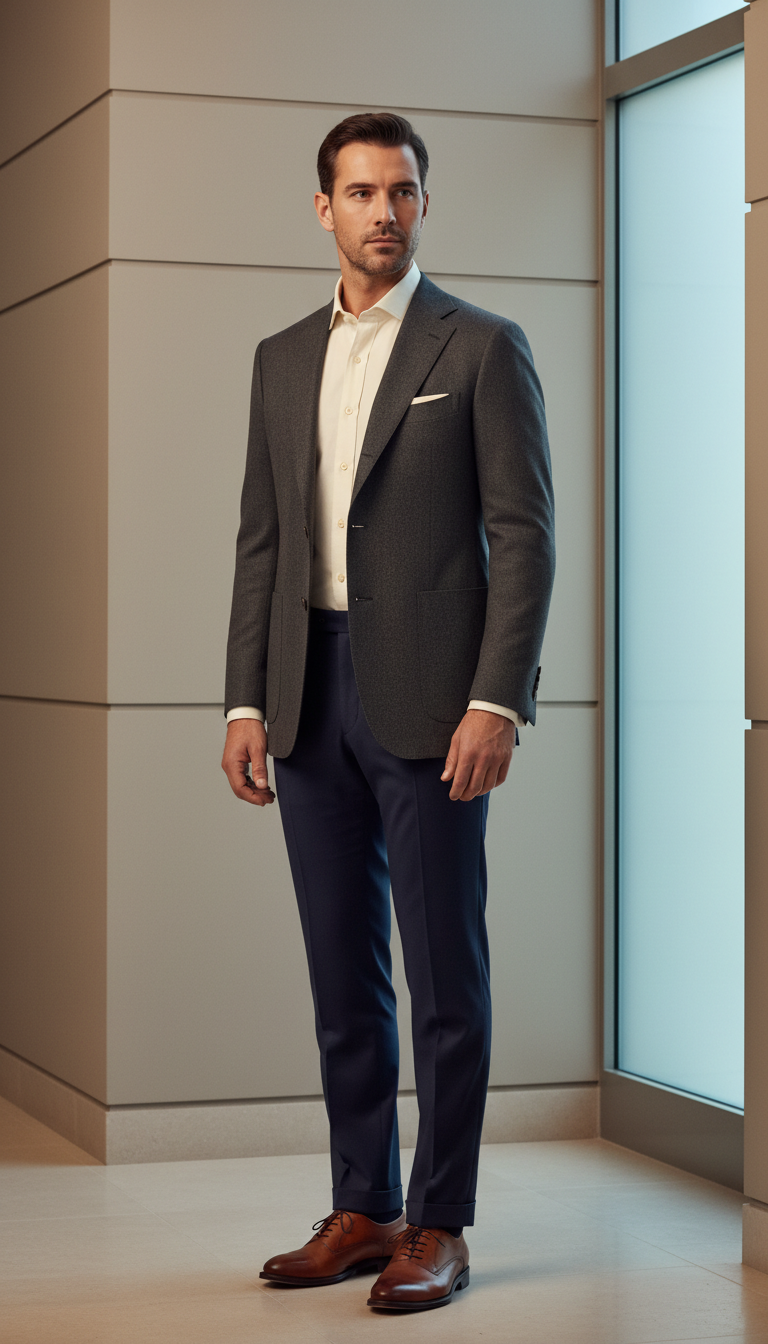 gray suit tan shoes