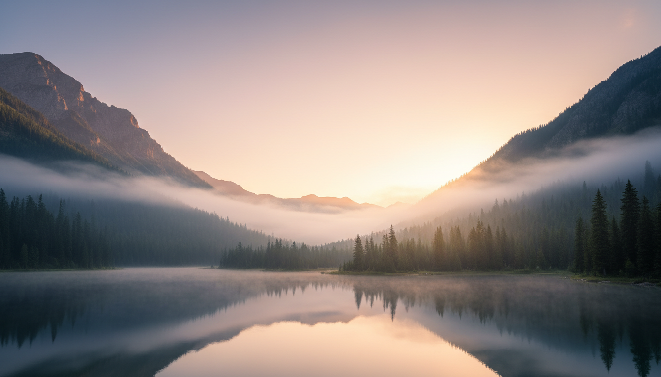 Misty mountain valley at sunrise with evergreen-covered peaks and reflective alpine lake Misty mountain valley at sunrise with evergreen-covered peaks and reflective alpine lake