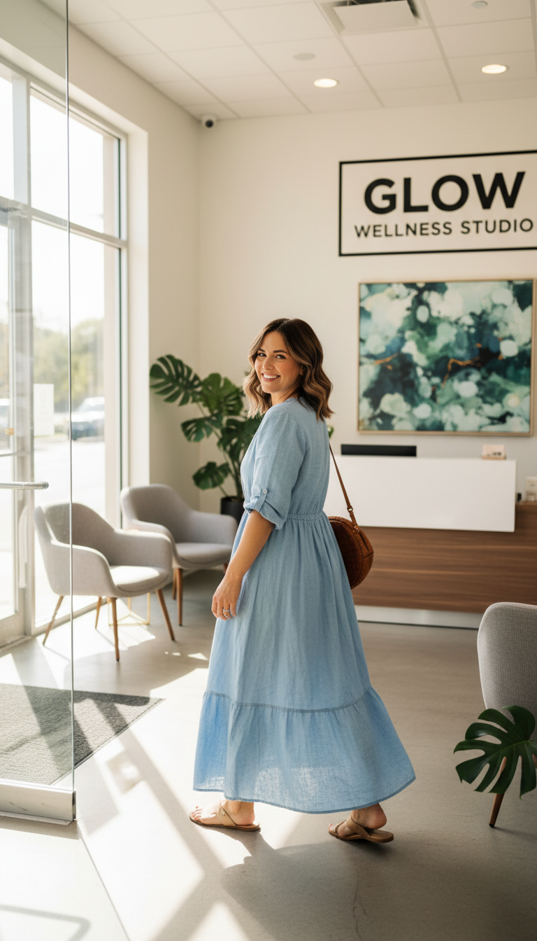 Satisfied client smiling confidently in bright reception area after receiving personalized grooming or wellness service