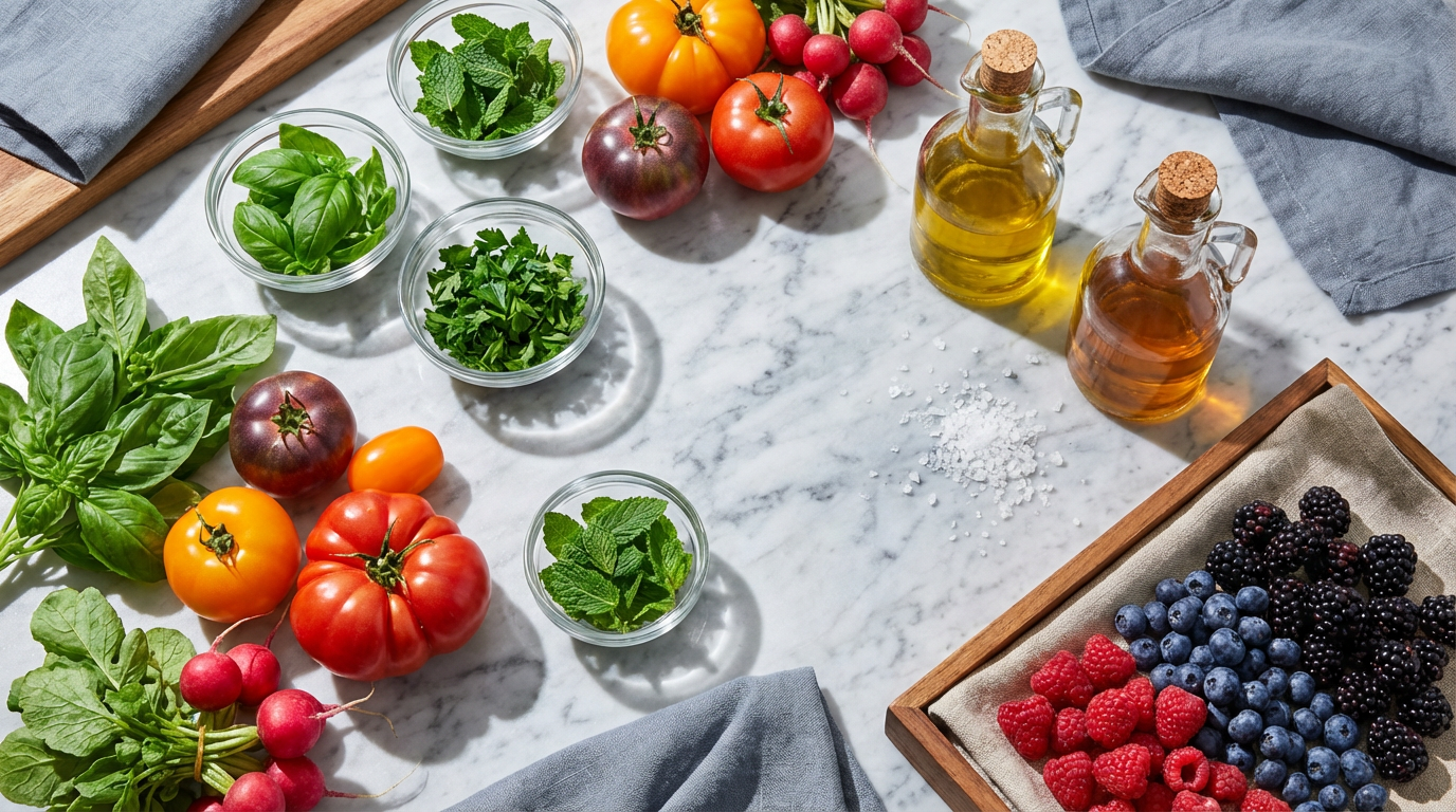 Overhead arrangement of fresh herbs, colorful vegetables, and premium ingredients on marble.