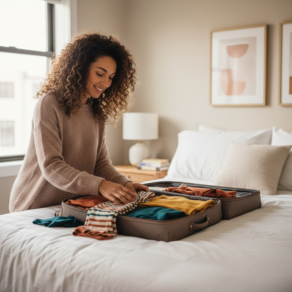 Guest unpacking suitcase on bed in welcoming bedroom with natural light and homey furnishings