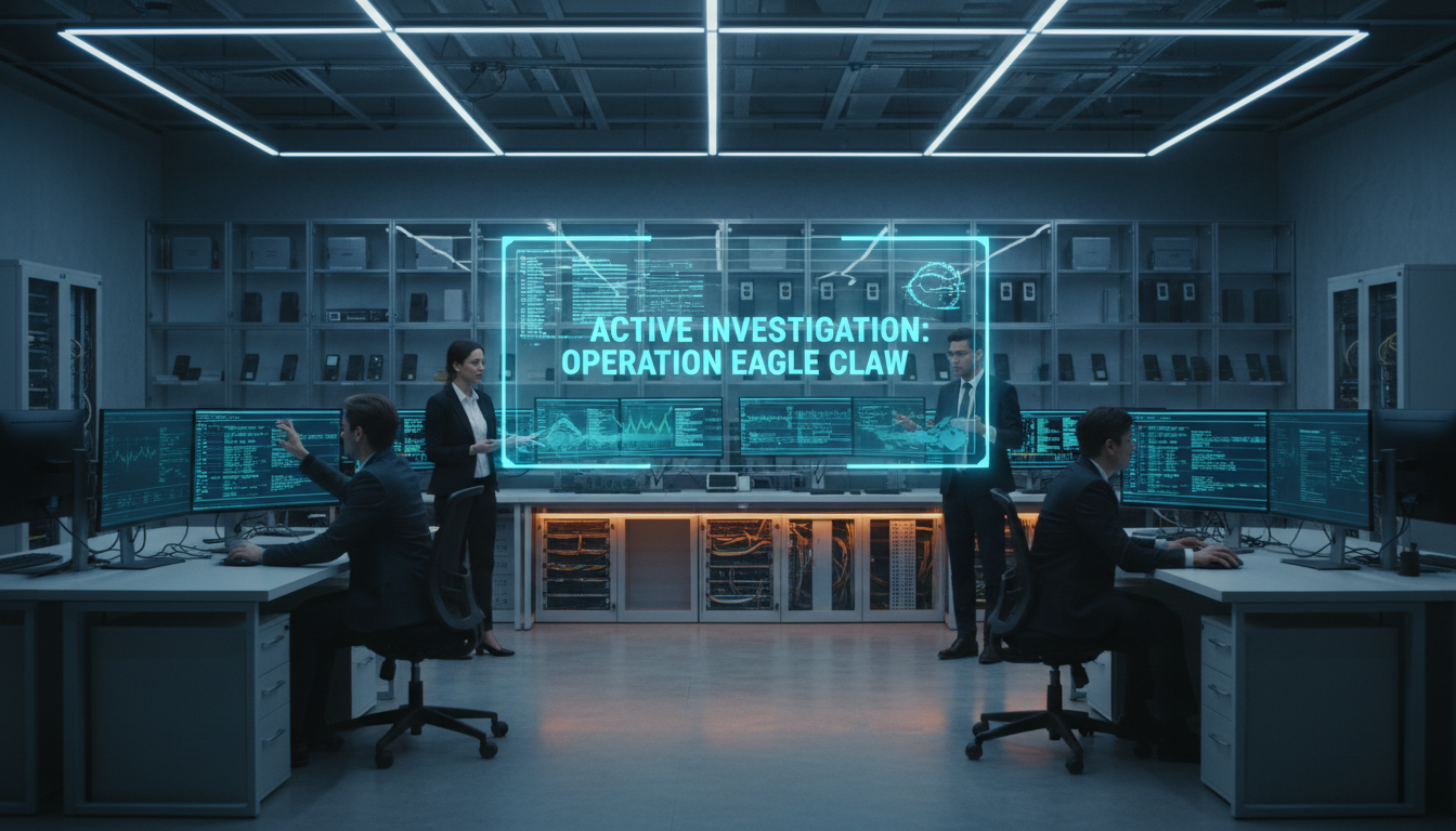 Digital forensics laboratory with multiple analysts working at computer workstations during active cybercrime investigation