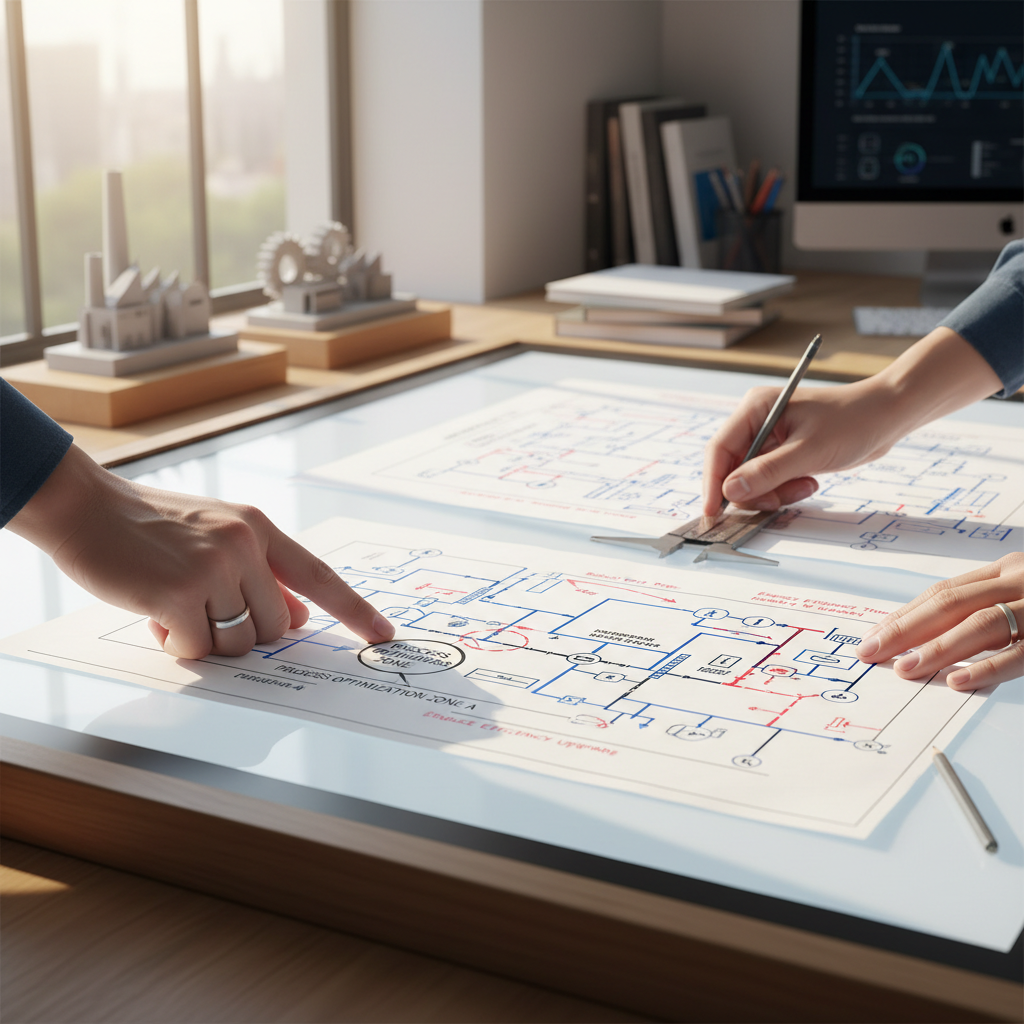 Engineer's hands analyzing technical blueprints and process diagrams on light table in consulting office