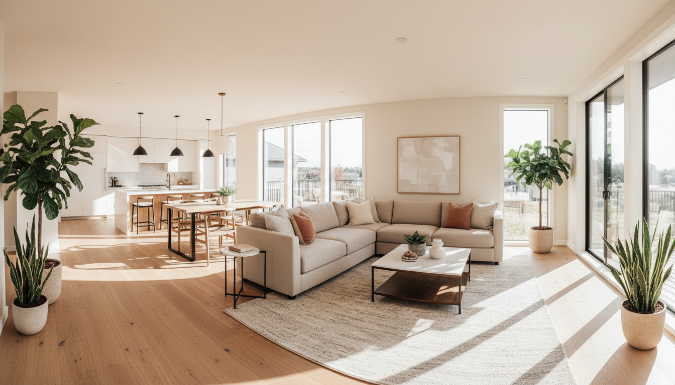 Bright, spacious vacation rental living room with floor-to-ceiling windows, comfortable sectional sofa, and dining area bathed in natural afternoon light Bright, spacious vacation rental living room with floor-to-ceiling windows, comfortable sectional sofa, and dining area bathed in natural afternoon light