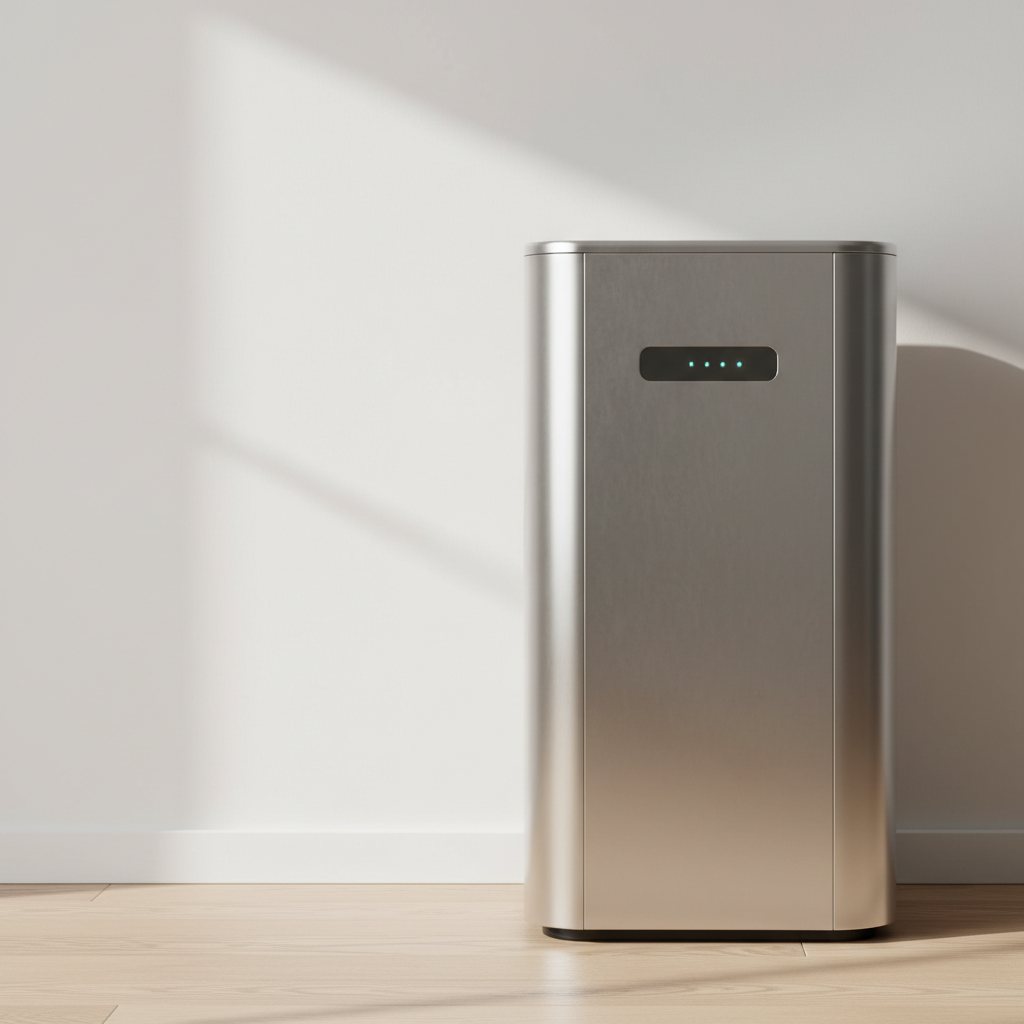 Sleek water softening system with brushed stainless steel finish and minimalist interface in modern luxury home Sleek water softening system with brushed stainless steel finish and minimalist interface in modern luxury home