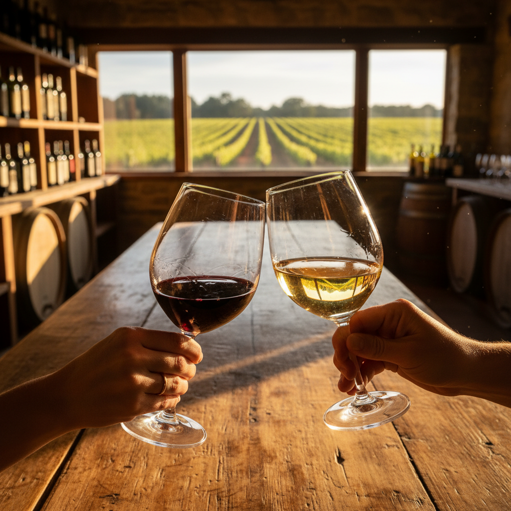 Two people clinking wine glasses in an elegant tasting room with vineyard views and rustic wooden table Two people clinking wine glasses in an elegant tasting room with vineyard views and rustic wooden table