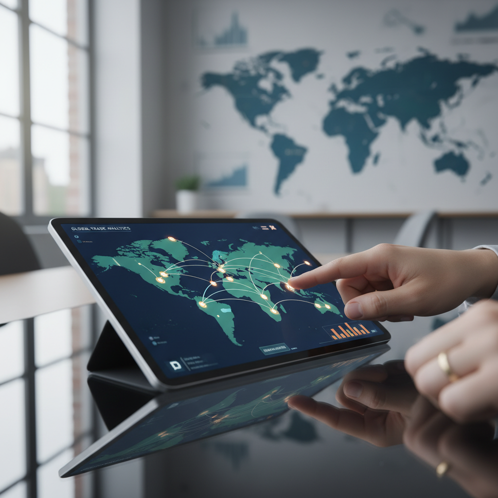 Consultant's hands analyzing global trade network data on tablet with interconnected economic nodes displayed Consultant's hands analyzing global trade network data on tablet with interconnected economic nodes displayed