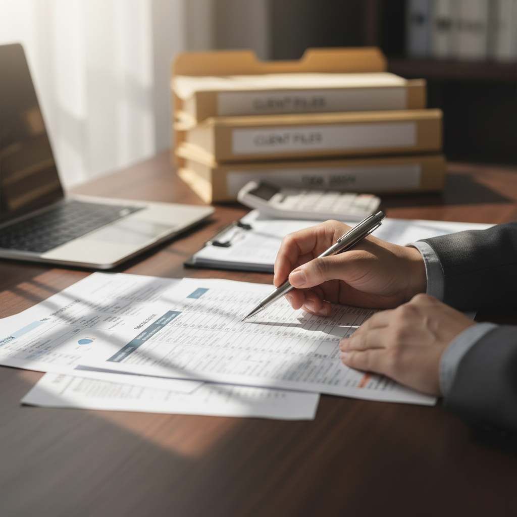 Identifying overlooked deductions requires a deep dive into your business's specific financial data. Close-up of a detailed financial analysis spreadsheet with tax documents and a pen for highlighting deductions.