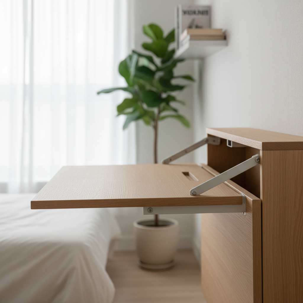 Close-up of compact folding desk transitioning from closed to open position in bright studio apartment Close-up of compact folding desk transitioning from closed to open position in bright studio apartment