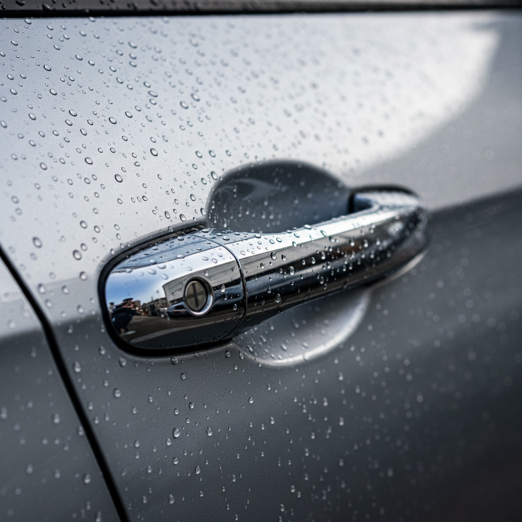 The difference between a basic wash and a professional detail is visible in the paint depth and clarity. A split view of a grey hatchback showing heavy road grime on one side and a clean glossy finish on the other.