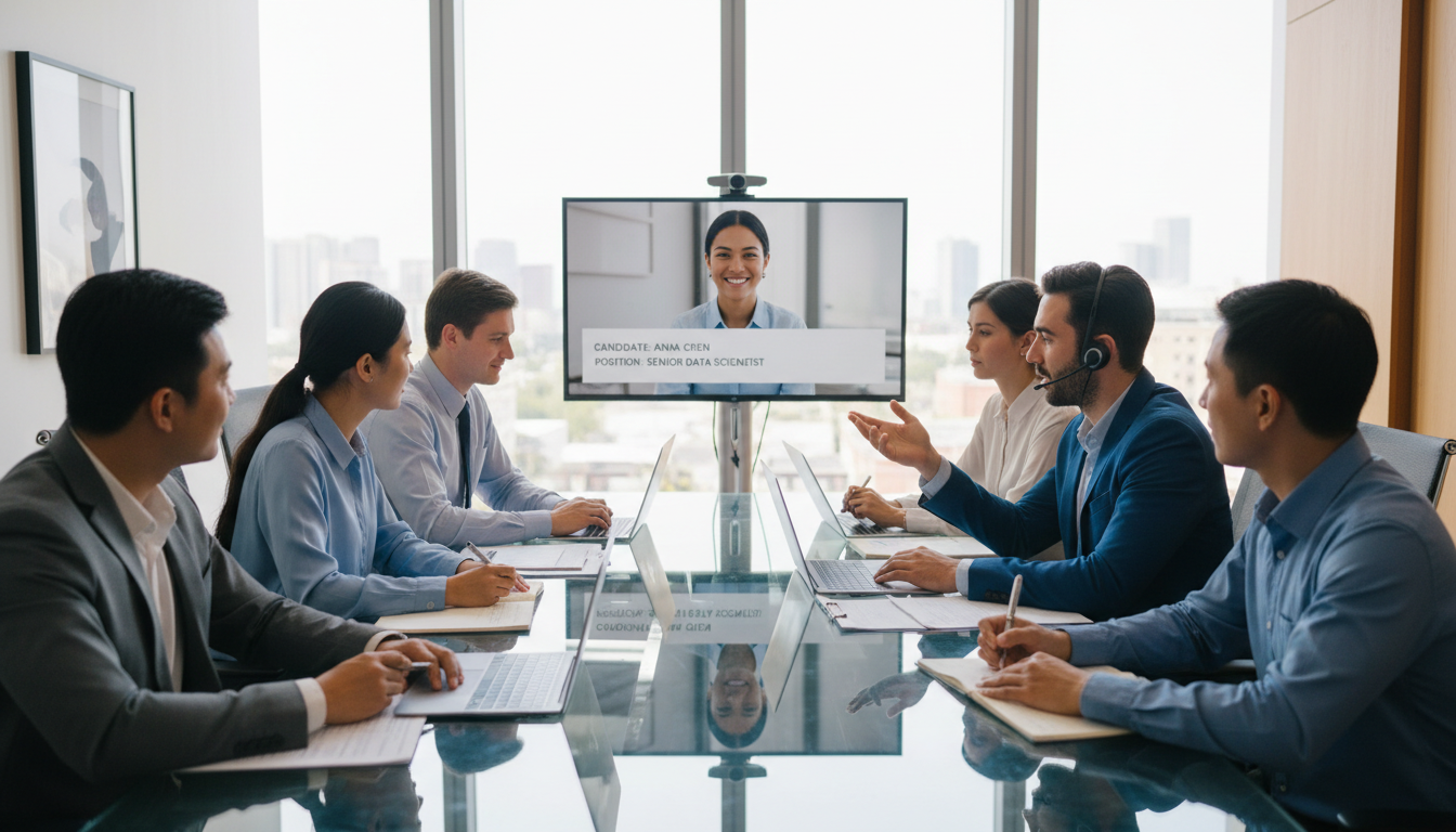 Diverse recruitment team conducting candidate interview in modern conference room with natural lighting and laptops