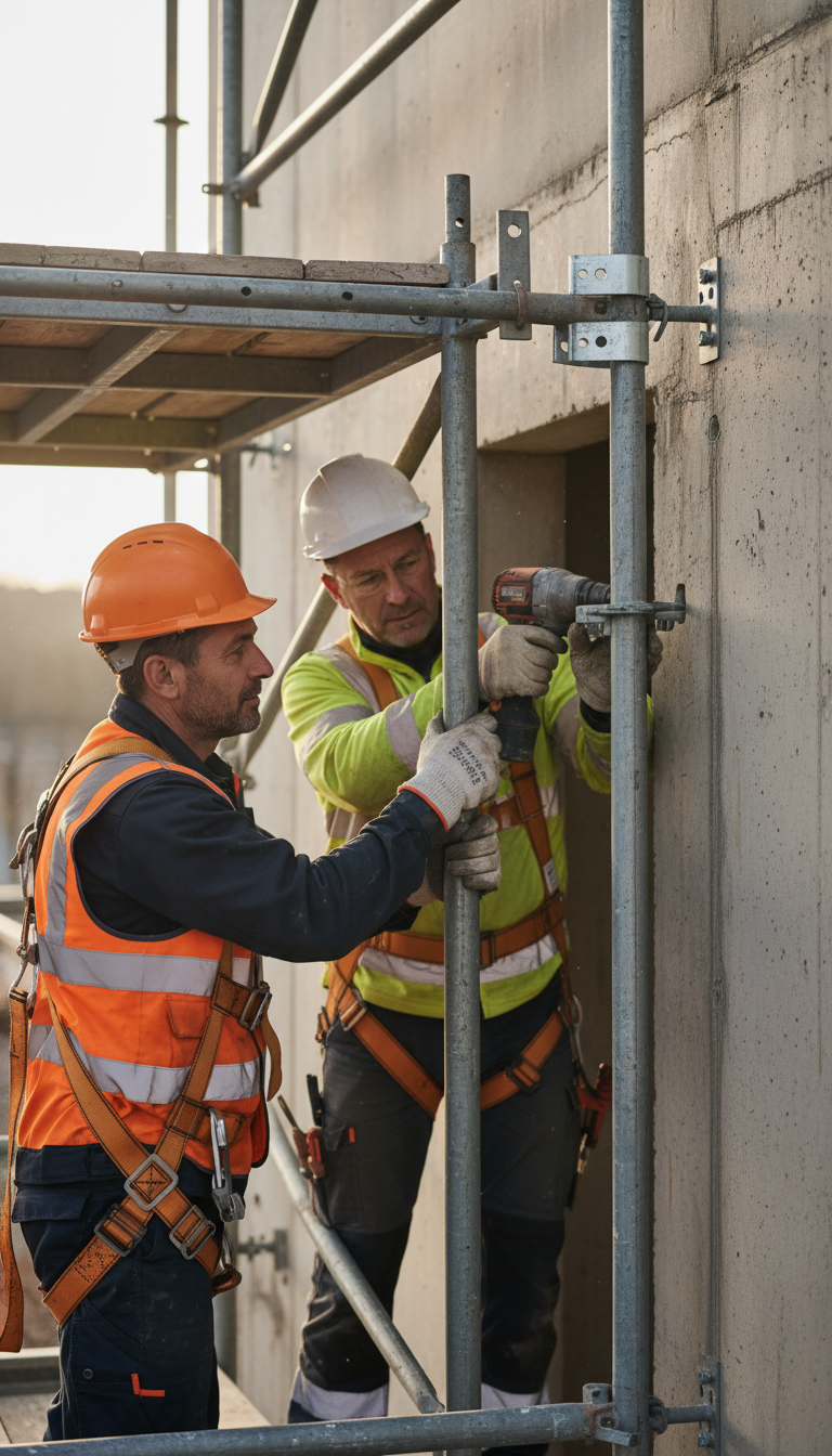 Two experienced construction workers installing vertical scaffolding supports on concrete wall while wearing full safety equipment Two experienced construction workers installing vertical scaffolding supports on concrete wall while wearing full safety equipment
