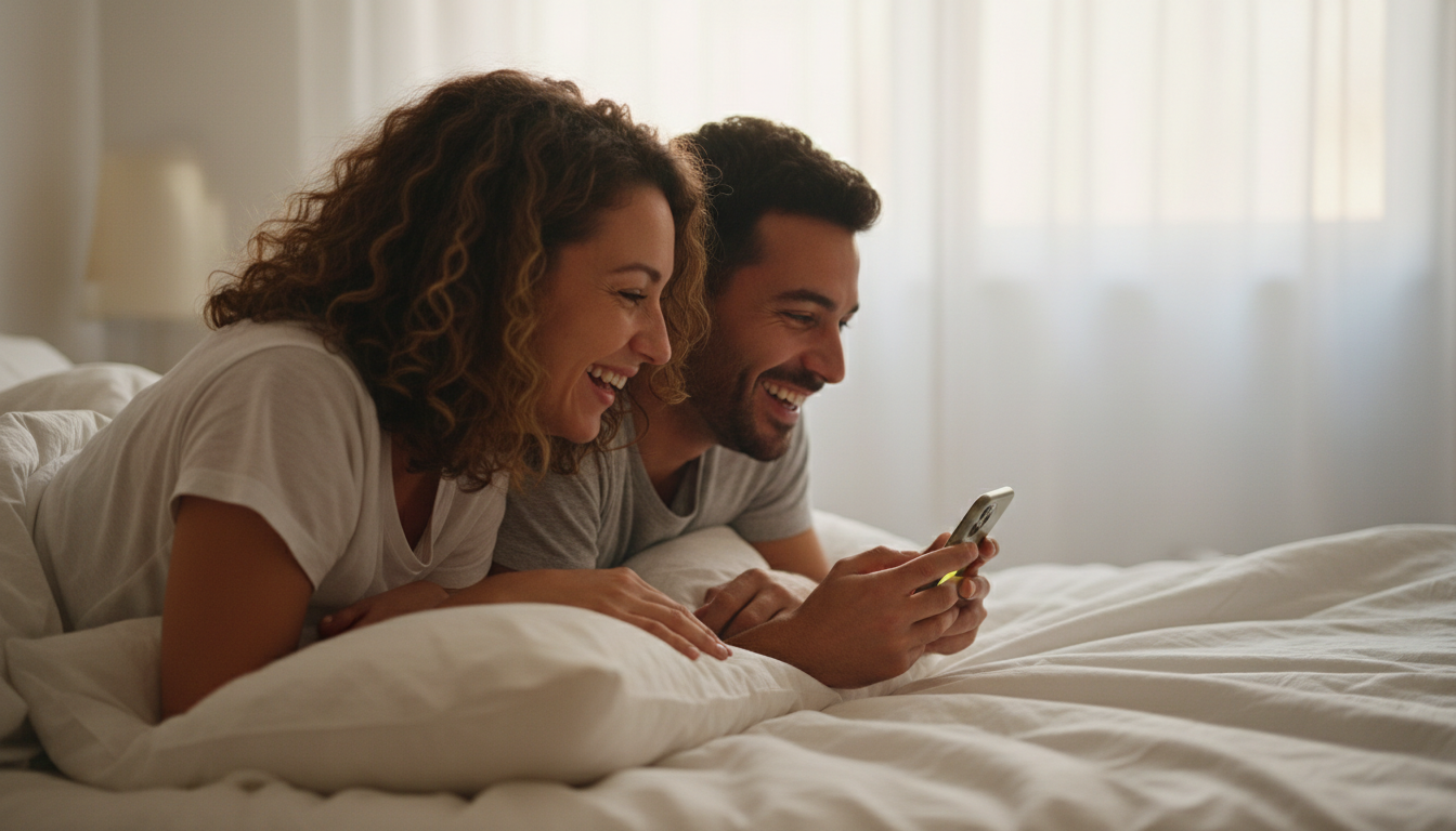 Diverse couple in bed laughing together while viewing relationship app on smartphone in morning light Diverse couple in bed laughing together while viewing relationship app on smartphone in morning light