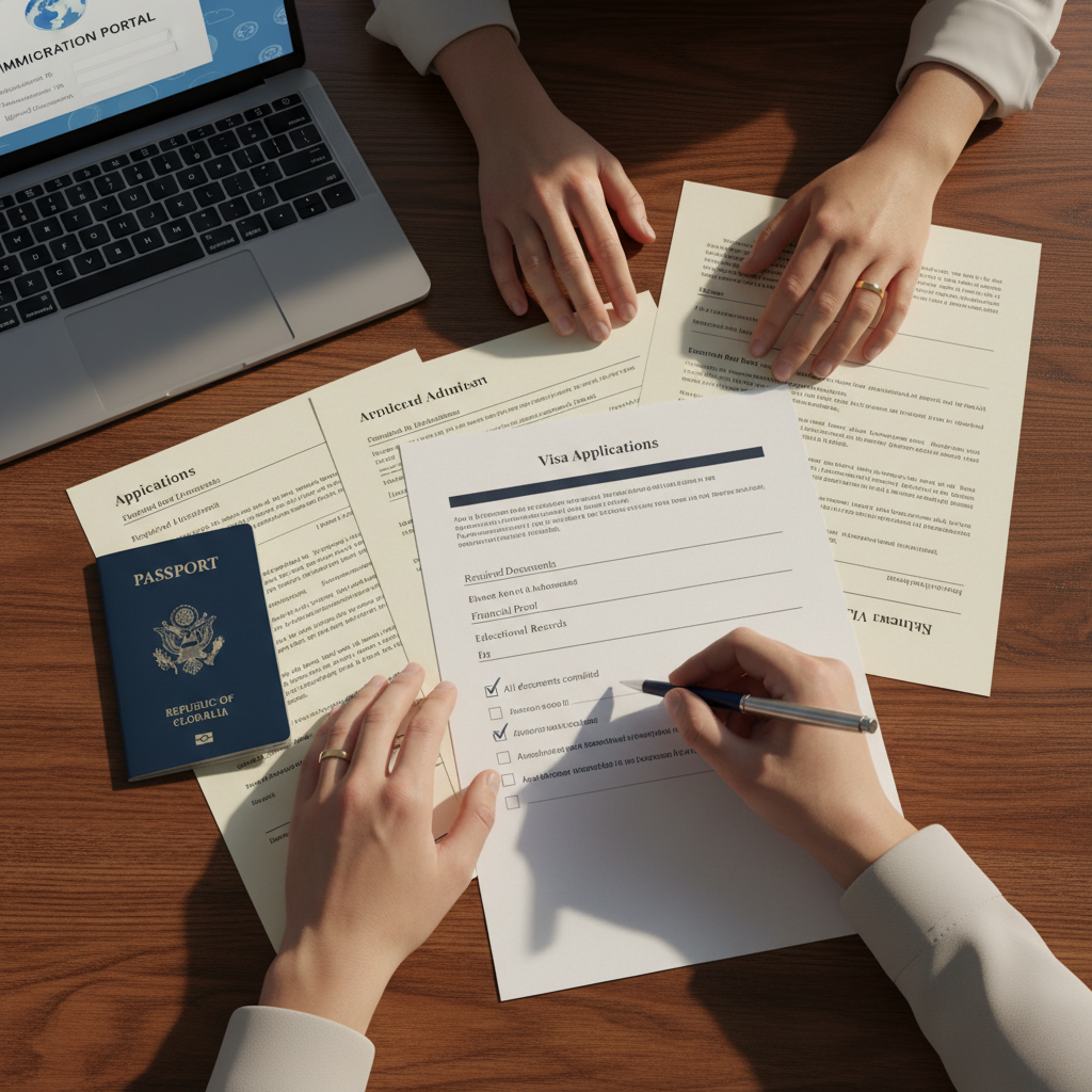 Overhead view of hands organizing visa application documents, passport, and university forms on desk