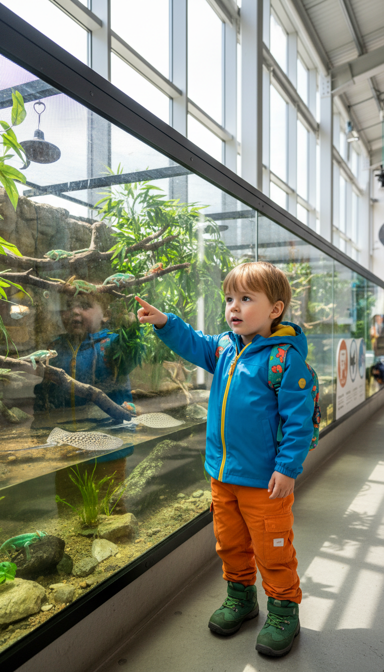 Child standing and pointing enthusiastically at animals visible through glass habitat enclosure