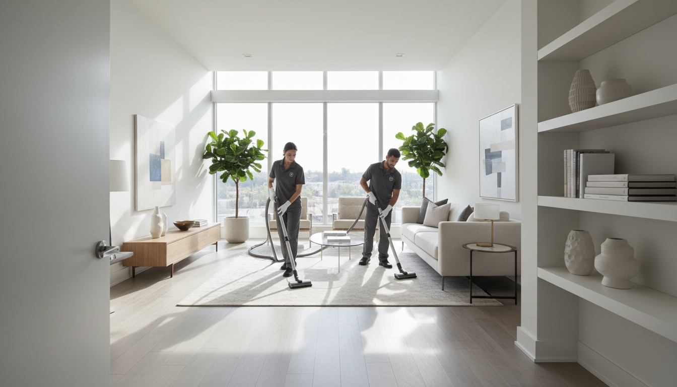 Two professional cleaners working together in bright modern living room, one vacuuming floors and one dusting shelves