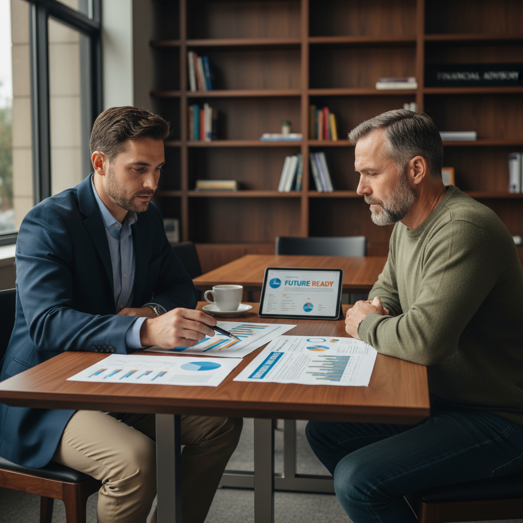 Personalized care coordination helps veterans navigate complex benefit systems and medical needs. A care coordinator and a veteran resident reviewing paperwork in a comfortable, accessible office space.