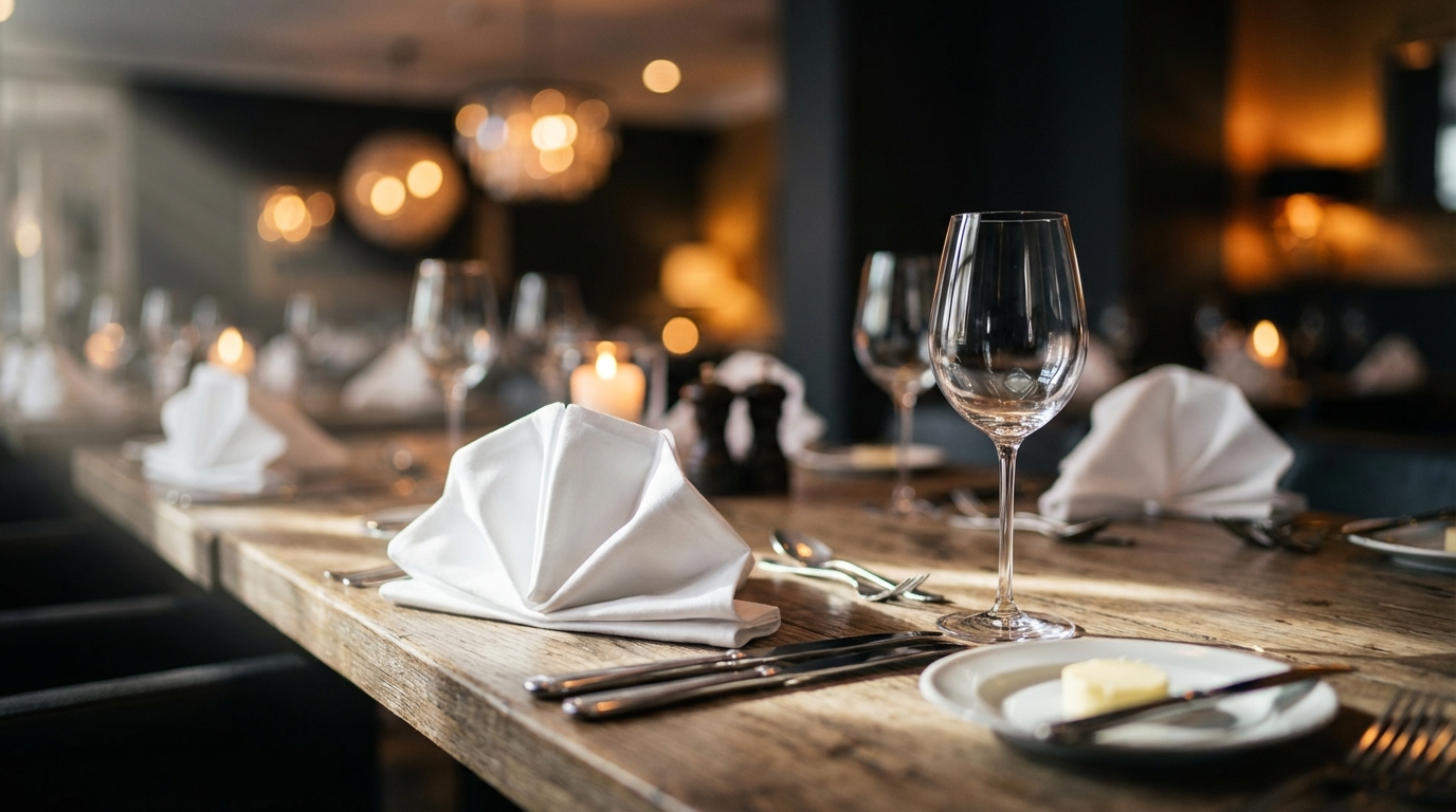 Proper handling and folding techniques ensure your napkins and linens look pristine for the first guest. Hands carefully folding an ivory tablecloth at the edge of a banquet table in soft window light.