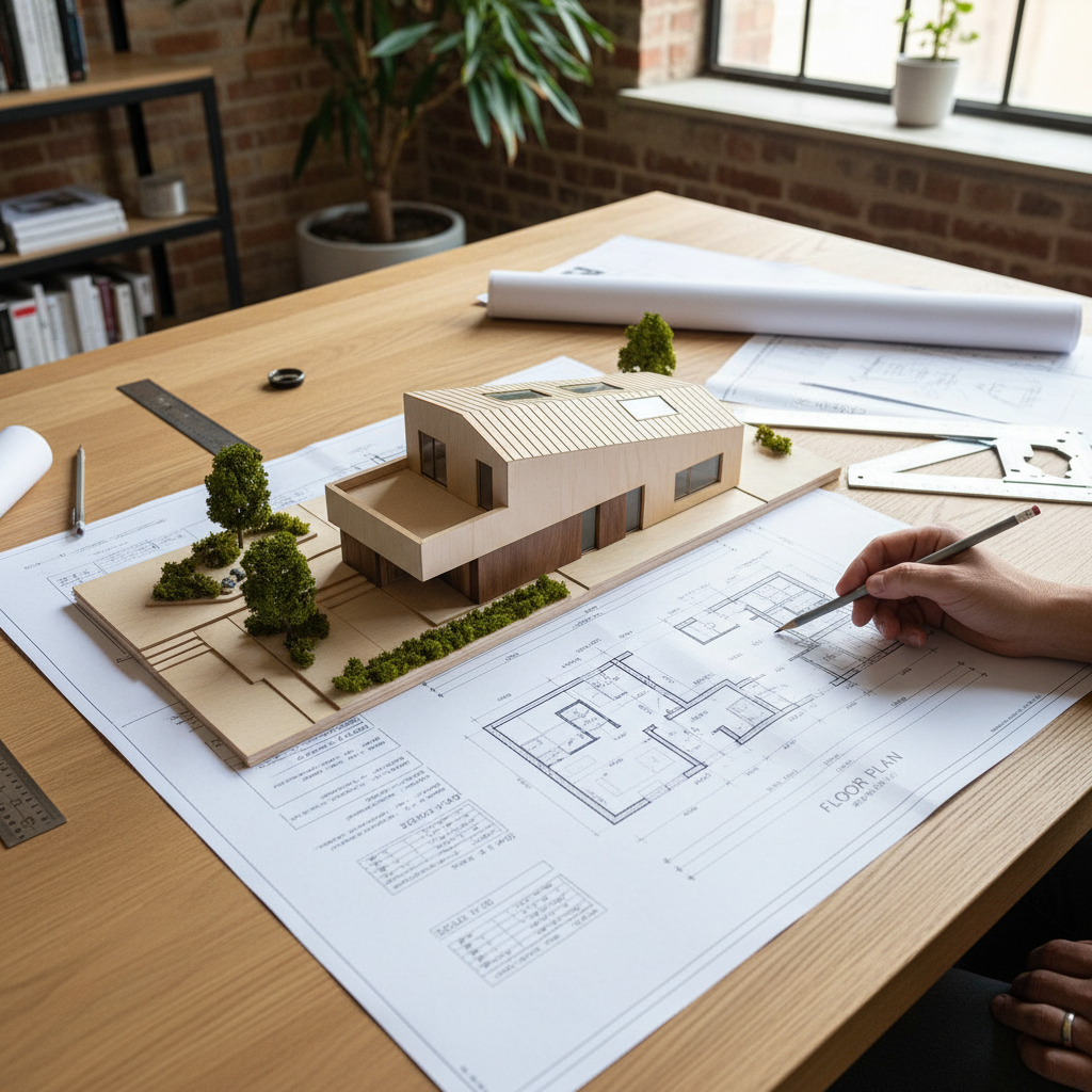Overhead view of architectural blueprint and wooden model home on designer's table with pencil, professional planning workspace